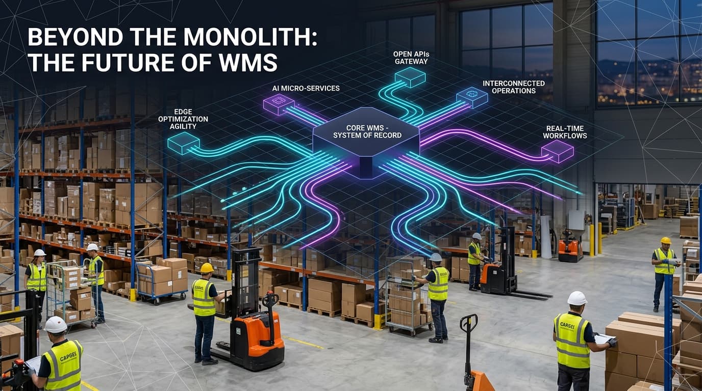 Modern retail warehouse floor overlaid with a cyan and magenta digital network diagram showing a central Core WMS hub connected to API edge micro-services.
